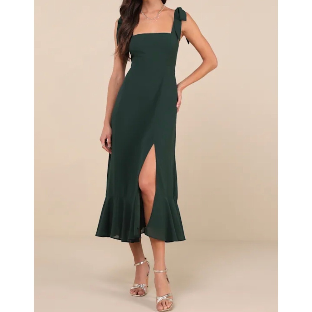 Lulus Summer Invite Emerald Green Tie-Strap Tiered Midi Dress XS